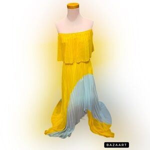 BREATHTAKING Vintage 1970’s Off Shoulder Full Length Yellow/Blue Pleated Dress
